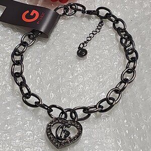 NWT GUESS Logo paved Heart pendant gunmetal 16" link necklace adjustable length